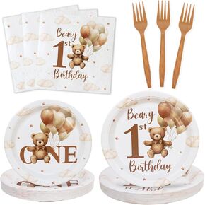 100pcs مجموعة لوحات ديكور عيد ميلاد Beary الأولى ، سنة واحدة من Teddy Bear Birthday Decoration Plates Fadkins Forks لـ 25 ضيفًا