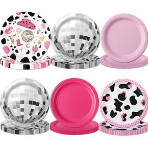 48 Pcs Disco Cowgirl Party Paper Plates, 9" 7" Hot Pink Cow Print Disco Ball Disposable Dessert Plates for Birthday, Baby Shower, Wedding, Western Last Rodeo Bachelorette Party Decorations Supplies