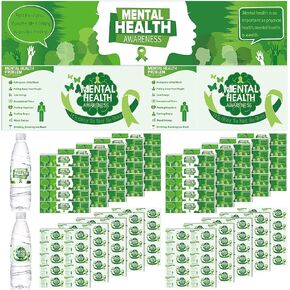 Crtiin 100 Pcs Mental Health Green Ribbon Water Bottle Labels 8.7 x 2 Inches Bulk Waterproof Sticker Label Therapist Mental Health Gifts for Adults Party, 2 Styles