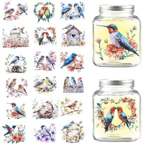 Globleland 18pcs الزهور وملصقات نقل الطيور 3.9x3.6inch الطائر الطنان شارات الشارات