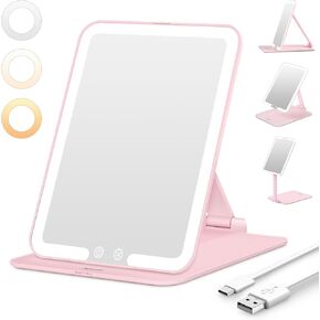 Travel Makeup Mirror with Light, Rechargeable Lighted Travel Mirror, Portable Folding Travel Mirror with 3 Dimmable Color Lights, Ultraslim & Lightweight, Freely Adjust Height and Angle, Pink