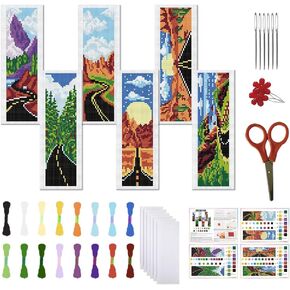FreeBloss 6 Set Cross Stitch Lockmark Kit Cross Stitch Kit Mountain Road Landscape Stamped Embroidery Landmark مع تعليمات Cross Stitch Kits للبالغين DIY مجموعة MOODMARM 8.66''X3.15 '' '