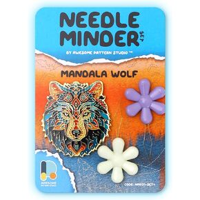 Awesome Pattern Studio Needle Minder Set - Mandala Wolf Magnetic Needle Minder + 2 Needle Threaders. Enamel Pin for Cross Stitch, Embroidery and Craft