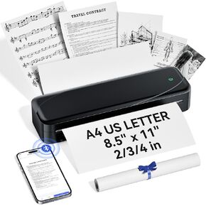 Portable Wireless Thermal Printer for Travel - Bluetooth Compatible with iOS, Android & Laptops - Supports 8.5" x 11" US Letter & A4 Paper (Black)