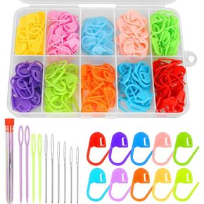 مُلسِّم مُلسماً 200 PCS علامات غرزة ، 10 ألوان علامات غرزة الكروشيه من قفل مقطع إبرة العداد ، دبوس الكروشيه مع 10 أجزاء إبر خياطة كبيرة العين وحالة بلاستيكية