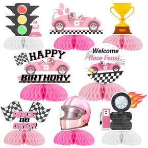 زخارف حفلة عيد ميلاد Pink Racing Car للبنات - 8pcs سباق Car Carncomb Menterces ، Vintage Retro Let's Go Racing ، سباق Over Over Race Fans Decoritations حفلة عيد ميلاد