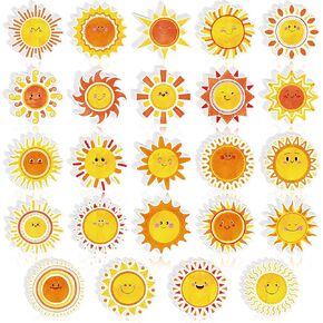 Nezyo 200 PCS Sun Cetouts Bulletin Board Decoration Summer Happy Sunshine Cuts Excents with 400 Glue Points DIY Project Classroom School Decor