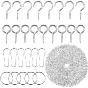 468 Inches Silver Hanging Chains, Picture Hanging Chain with S Hooks, Hanging Hooks, Buckles, Rings and Screw Hooks, Decorative Chain with Adjustable Length for Hanging Plants, Photos, Bird Feeder