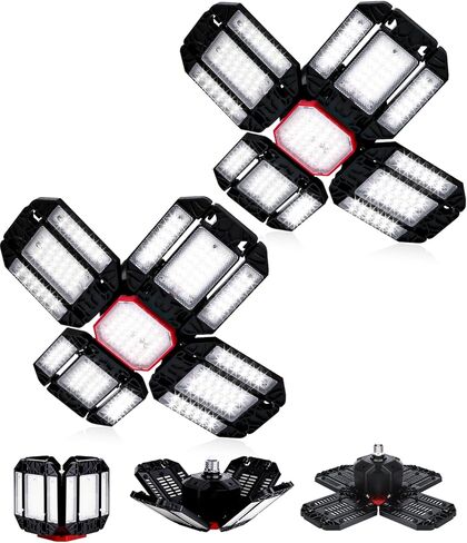 Yiliaw Super Bright LED Garage Light 2 Pack 200W 20000LM Shop Lights with 12 Adjustable Panels, 6500K Daylight Deformable Ceiling Light Fixture, Screw in Garage Lights Bulb for Warehouse Workshop in Saudi Arabia