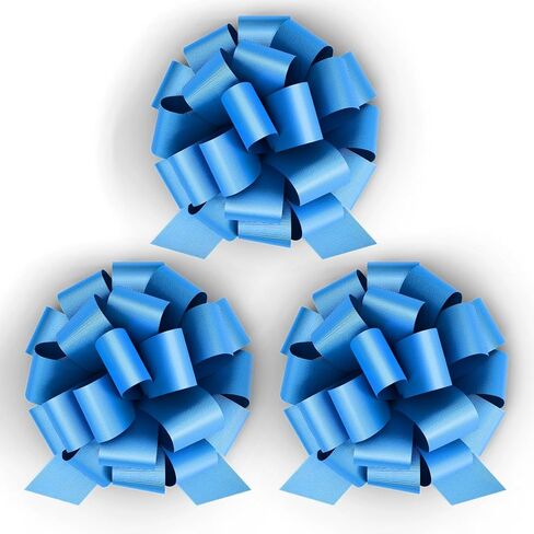 8" Pull String Gift Bows Perfect for Christmas Gifts and Birthday Presents Satin Finish Easy to Assemble Pack of 3 Large Bows (Baby Blue) in Kuwait