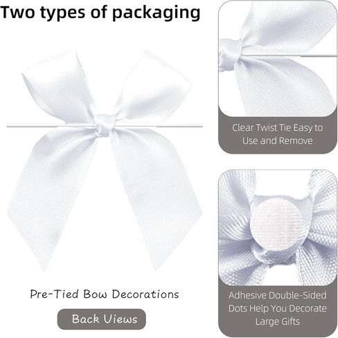 Twist Tie Bows, 50Pcs White Satin Ribbon Bows, 3.9'' Big Pre-Tied White Gift Bows for Gift Wrapping Treat Bag Present Craft Bridal Shower Wedding Girls Birthday Party Halloween Thanksgiving in Kuwait