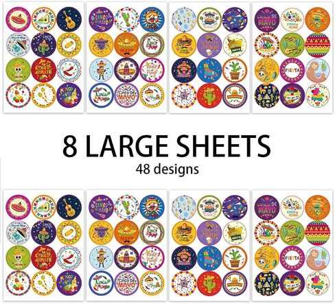 Mexican Stickers Fiesta Party Bulk Stickers Cinco De Mayo Gift Decals Cartoon Tags Decorations Mexican Carnival Party Sticker Supplies Kids Decorative Label Decals Candy Envelope Seals 8PCS 48Designs in Kuwait