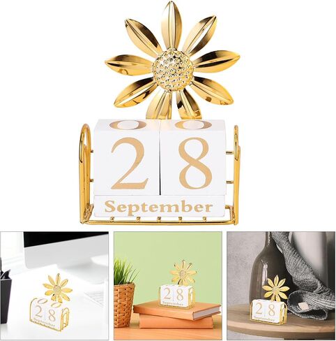 SUPVOX Wooden Block Calendar for Desk Daily Desktop Perpetual Calendar Wood Month Date Display Blocks Farmhouse Desk Accessories for Home Office Decor Reusable Yearly Sunflower Design in Saudi Arabia