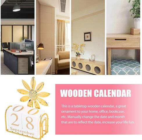 SUPVOX Wooden Block Calendar for Desk Daily Desktop Perpetual Calendar Wood Month Date Display Blocks Farmhouse Desk Accessories for Home Office Decor Reusable Yearly Sunflower Design in Saudi Arabia