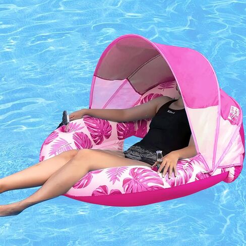 New Upgraded Pool Chair Float with Shade,XL Pool Floats for Adults Heavy Duty,Inflatable Pool Chair Lounge Float with Cup Holder & Backrest for Pool,Lake,Beach,Pink in Saudi Arabia