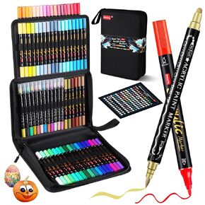 Acrylic Paint Pens Markers, 72 Pc Dual Tips Waterproof Metallic Paint Markers For Rock Painting, Fabric, Metal, Glass, Wood, Canvas, Ceramic, Pumpkins, Eggs, Plastic, Non-Toxic & Odor