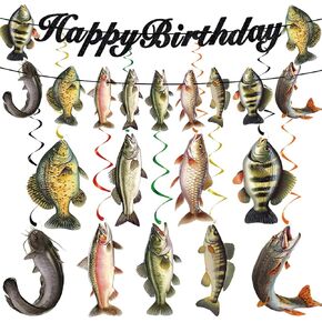 Pre-Strung Fishing Birthday Party Decorations Fishing Theme Birthday Party Decorations Include Happy Banner and 9PCS Hanging Swirl