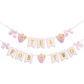 Tea for Two Banner - Tea Party Decorations for Girls,Floral 2nd Birthday Hanging Garland,Teapot Lets Par-Tea Garden Decoration
