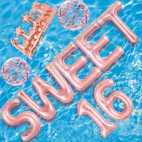 Sumind 14 PCS 20 "Sweet 16 Bollating Pool Letters Letters Flafable Lefliter 16 Decorts Tructions with Beach Beach Pink Crown for Sweet 16 Pool Party Decorations