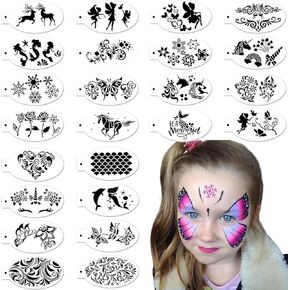 24PCS Face Painting Stencils for Kids & Adults – Reusable Face and Body Painting Templates with Unicorns, Butterflies, Flowers for Halloween, Christmas Holiday, and Party Makeup