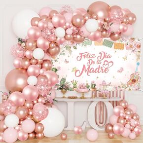 MEHOFOND 107Pcs Feliz Día De La Madre Decorations Mexican Mother's Day Balloons Set, Rose Gold Floral Feliz Dia Mama Love You Mom for Best Mom Ever Mothers Day Party Supplies
