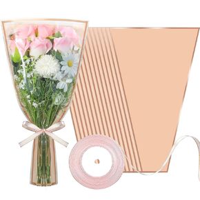 50 PCS Flower Wrapping Bags for Bouquets Pink Floral Bouquet Packing Sleeves with Ribbon 17 x 11 Inches Plastic Flower Bouquet Sleeve for Birthday Mother's Day Wedding Graduation Florist Supplies