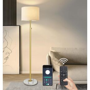 Marble Gold Floor Lamp for Living Room, Adjustable Height Modern Dimmable Floor Lamp with Remote Control, Gold Standing Lamp for Bedroom, Office, 12W LED Bulb Included, White lampshade