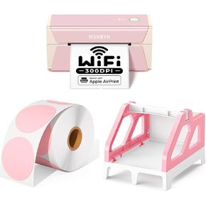 MUNBYN Wireless Label Printer 300DPI, RW401AP Wi-Fi Thermal Printer+Pink Label Holder
