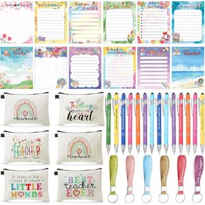 48 Pcs Teacher's Day Gift Set Teacher Week Appreciation Favor Sticky Notes Keychain Cosmetic Make up Bags Ballpoint Pens Items Bulk for Women Birthday Party Favors Office Supplies