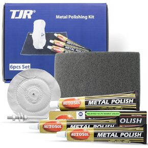 TJR Polishing Kit – 3pcs Polishing Paste, Buffing Wheel with Arbor, Abrasive Scuffing Pad – Metal Polish Compatible also in Stainless Steel, Brass – Aluminum. Removes Small Scratches.