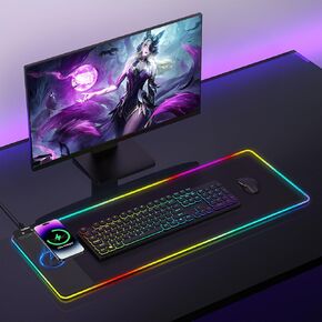 وسادة فأر الشحن اللاسلكية المصنوعة من Topmade ، RGB Gaming Mousepad Home Office لوحة مكتب كبيرة مع 13 وضعًا خفيفًا ، وسطحًا فائقًا ، وقاعدة مطاطية غير انزلاقية ، حصيرة مكتب كمبيوتر أسود (لا يوجد محول طاقة)