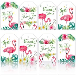 Whaline 100pcs Summer Thank You Gift Tags Flamingo Tags with Jute Twine 4 Design Hawaiian Tropical Palm Leaves Label for Hight