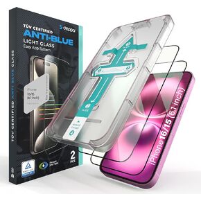 Deppa |2 Pack| Eye Safeguard TÜV Certified Anti-Blue Light Screen Protector for iPhone 15/Iphone 16 (6.1') Tempered Glass Edge to Edge Full Cover with Easy Installation Kit Tray