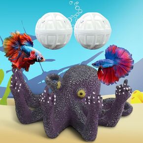 توهج في تمثال Octopus Aquarium Dark و 2 PCS كرات النترات ، والراتنج المضحكة الأسماك الخشبية المضيئة ، تمثال زخرفي لإكسسوارات خزان الأسماك Betta (الأرجواني)