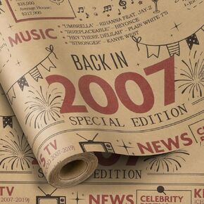 RUSPEPA 2025 Funny Birthday Wrapping Paper for Women or Men, Mini Roll, Back In 1975 Newspaper Vintage Design Kraft Paper for 50th Birthday Party Gift and Special Occasions, 17 inch x 16.4 feet, 50th