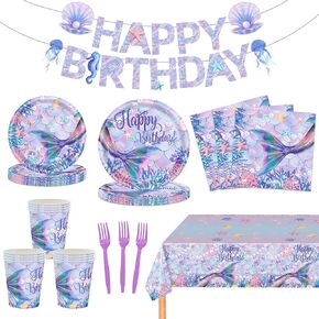 122 PCS Little Mermaid Birthday Party Decorations Kit Mermaid Marmaid Seque Supplies Combass Conser Comphes and Napkins Fork Cup Tableloth Banner Girls Decor
