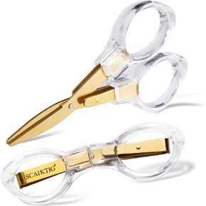 3.8" Folding Travel Scissors Set (2 Pcs) Safety Small Mini Foldable Scissors All Purpos, Clear Acrylic Comfort-Grip Handles, Gold Titanium Coated Blades for Craft, Sewing, Office Desk, Nurse