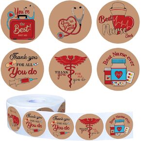 Whaline 1000Pcs Thank You Nurse Stickers Kraft Color Round Decal Stickers Healthcare Workers Thanks Stickers Nurse Week Stickers for Envelope Baking Bag Water Bottle Party Favor Supplies, 6 Design