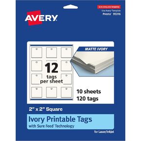 Avery Printable Square Tags with Sure Feed Technology, 2" x 2", Matte Ivory Cardstock, Print-to-the-Edge, Laser/Inkjet, 120 Total, Great for Custom Gift Tags and Branding Tags