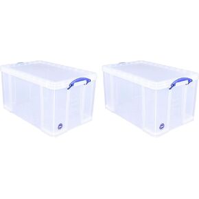 Really Useful Box 84 Liters Storage Container with Snap Lid and Clip Lock Handle for Lidded Home and Item Storage Bins, 2 Pack, Clear