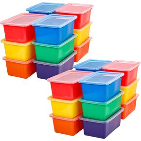 Outus 24 Pcs Plastic Small Cubby Bins with Lids Toy Storage Bins Classroom Storage Organizer Containers Books Bins With 15 Sheets Self Adhesive Labels for Classroom School Supplies(Multicolor)