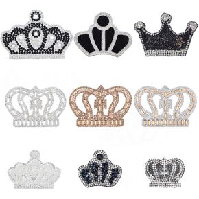 9 PCS الحديد على بقع التاج Rhinestone Glitter بقع Hotfix لإصلاح الملابس نمط مختلط وحجم كريستال مخيط على بقع التطريز لأحذية الملابس DIY Craft 3 'x 2' '