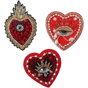 3PCS Evil Love Heart Eyes Sequin Patches Iron on 3 Style Glitter Rhinestone Heart Beaded Sew on Applique Patches for DIY Craft Clothing Jeans Jackets Handbag DIY Decorations