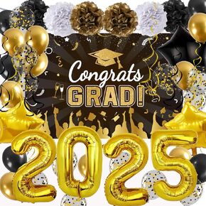 Graduation Decorations Class of 2025, Navy Blue Gold Graduation Decor Set with Congrats Grad Banner, Foil Balloons, Paper Pompoms, Hanging Swirls for 2025 High School & College Grad Party Supplies