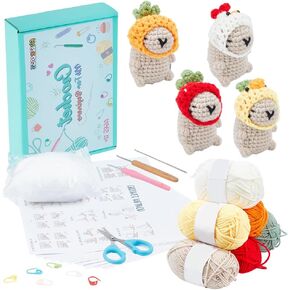 FreeBloss 4 Set Crochet Capybara Kit مع دروس فيديو - برتقالية ، دجاج ، فراولة ، طقم لحيرة Crochet Crochet Duck