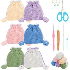 FreeBloss 5 Set DIY Crochet Kit Kit Crochet Flower Draftring Bag Kit Kit Crochet Kit للمبتدئين مع دروس الفيديو التعليمية الكروشيه Starter Kit Crochet Yarn و Hook Corchet Kit للمبتدئين هدية