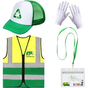 Yewong Kids Waste Management Garbage Truck Costume Accessories Recycle Trash Vest Tucker Hat Gloves ID Card for Career Day