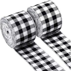 2 Rolls Buffalo Plaid Burlap Wired Ribbon Weave Ribbon with Wired Edge for Christmas Crafts Floral Bows Craft Decoration, 2.4 Inches by 315 Inches(Black and White)