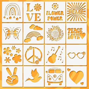 السلام والحب ، 16 أجهزة كمبيوتر Hippie Stencil ، Boho Groovy Floral Love stencil القابلة لإعادة الاستخدام للطلاء ورقة رسم الأثاث جدار 6 "x6"