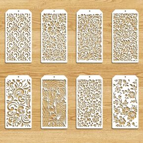 Jeffdad 8 Pcs Stencils for Painting, Texture Stencils for Crafts Painting on Wood, Reusable Geometric Painting Stencils Drawing Templates for Wall Scrapbooking Furniture Paper (Floral)